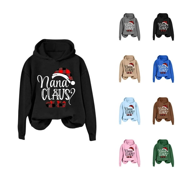 Nana Claus Christmas Hoodies for Women 2025 Long Sleeve Grandma Christmas Hooded Sweatshirt Pullover Tops