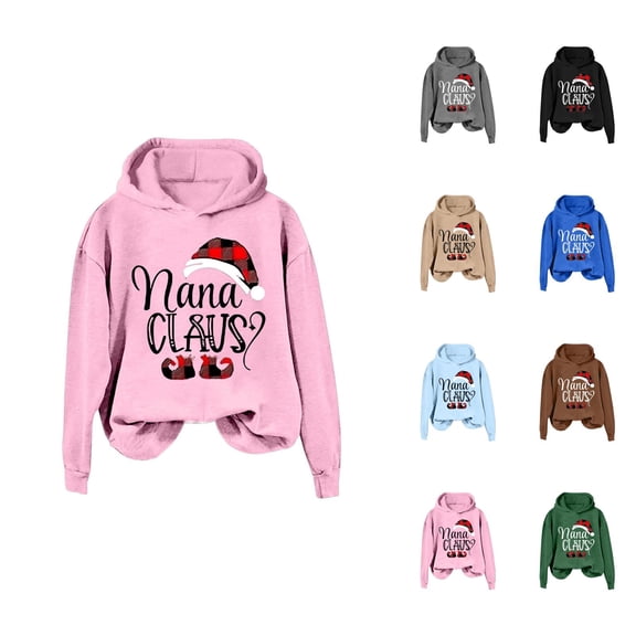 Nana Claus Christmas Hoodies for Women 2025 Long Sleeve Grandma Christmas Hooded Sweatshirt Pullover Tops