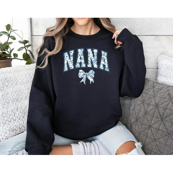 Nana Coquette Bow Sweatshirt, Nana Chinoiserie Coquette Sweatshirt, Mother'S Day Gift Sweatshirt, Cute Grandma Gift, Blue Bow Sweatshirt, Sweatshirt Size S-5Xl