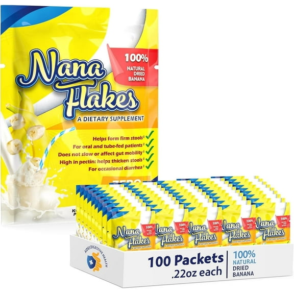 Nana Flakes 100% Pure Banana Flakes Medical Food Powder - Decrease Fat Intake & Natural Remedy for Diarrhea & Heart Burn - Great Source of Protein & Fiber (100 Single-Serve Packs)