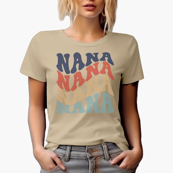 Nana, Grandma or Grandmother Themed, Groovy Retro Wavy Text Merch Gift, Tan T-Shirt, Small