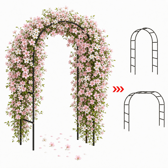 Nana Guard Garden Arch Trellis, Metal Garden Arbor with 2 Adjustable Sizes 7.9x4.6ft or 7.6x6.4ft for Wedding and Climbing Plants, Black