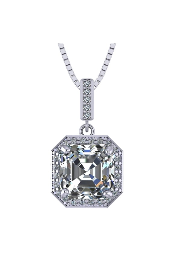 Silver 7mm Center Asscher Cut Halo CZ Pendant with 22" Adjustable Box Chain (White)