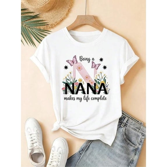 Nana Life Women's Graphic T-Shirt, Being A Nana Butterfly Flower Shirt, Mother's Day Gift Tee for Grandmas