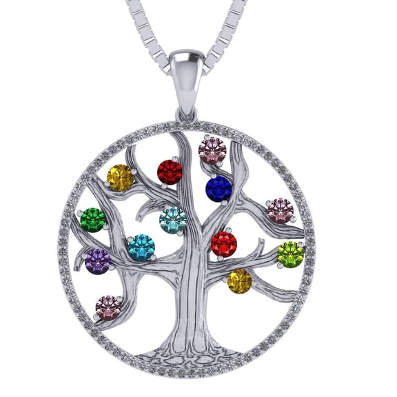 Nana Mothers Tree of Life Birthstone Necklace & CZ Bezel Female Adult in- 10k- White Gold - Stone 1