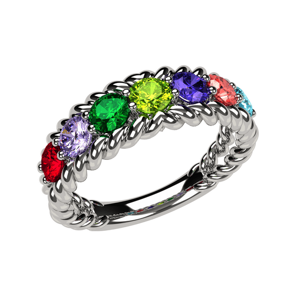 Nana Rope Mothers Ring 2 Birthstone 1-10 Simulated, 10K White Gold, Size 8.5 - Stone 2 for Women