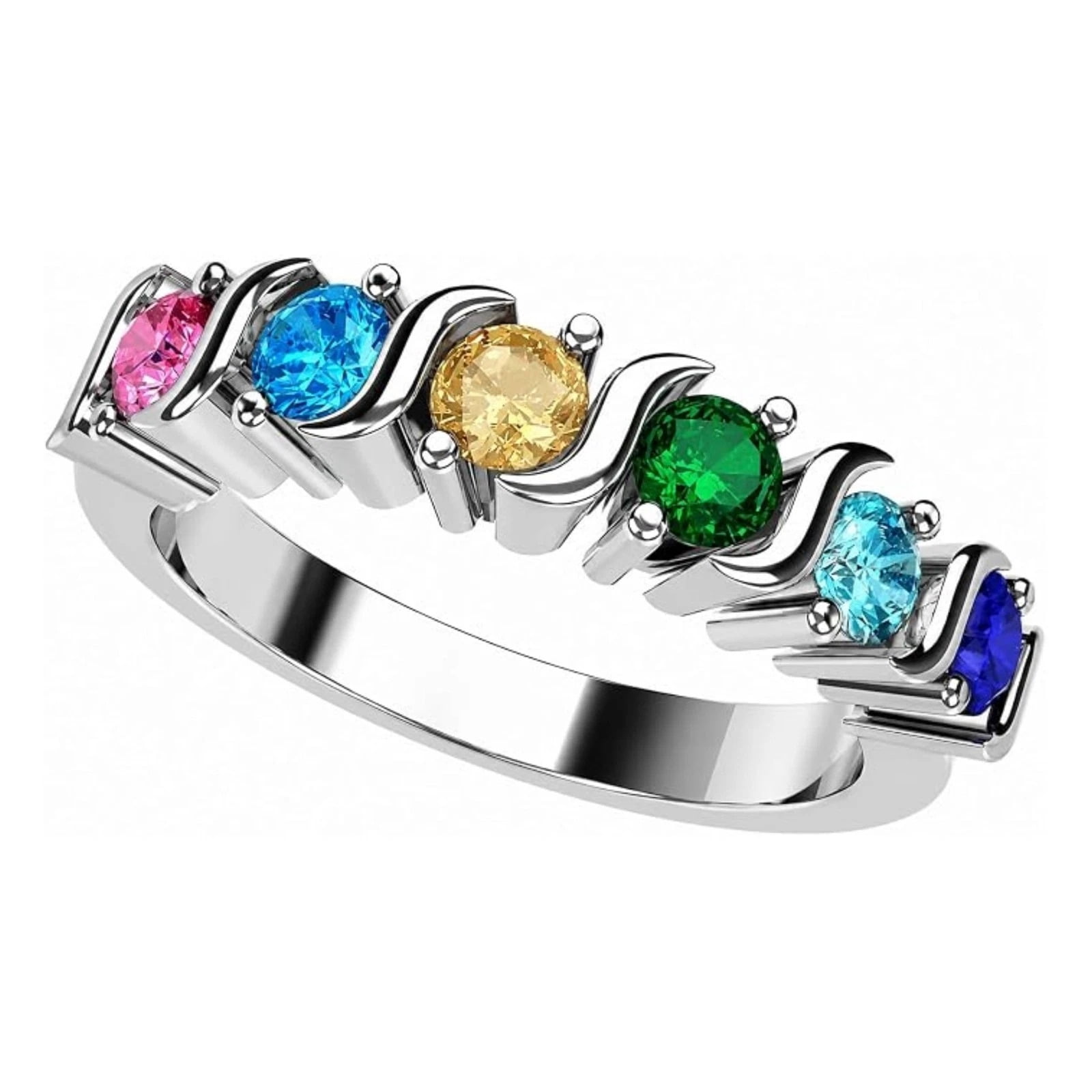 Nana S-Bar w/Sides 1-6 Multistone 10k White Gold Mothers Day Ring Gift for Women, Size 4.5, Stone 2
