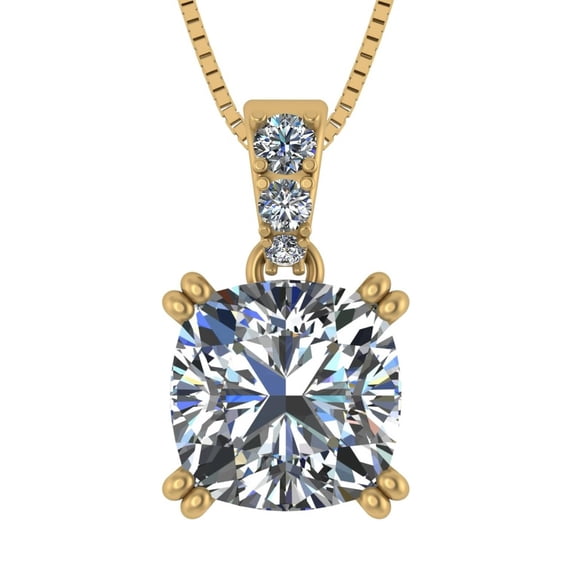 Nana Silver 7mm (2ct) Cushion Cut Solitaire Pendant W/22" Adj. Box Chain- Yellow Gold Plated