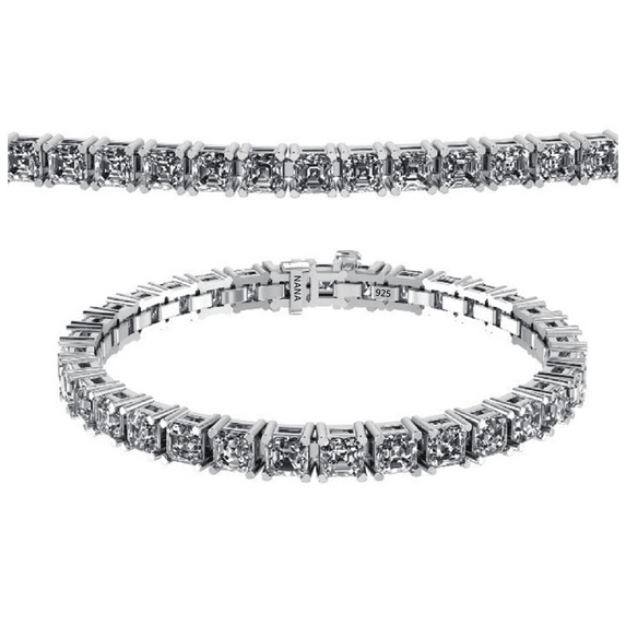 Nana Silver Asscher Pure Brilliance CZ Bracelet-7"- 4.0mm-15.60cttw Equivalent Diamond Weight-Platinum Plated