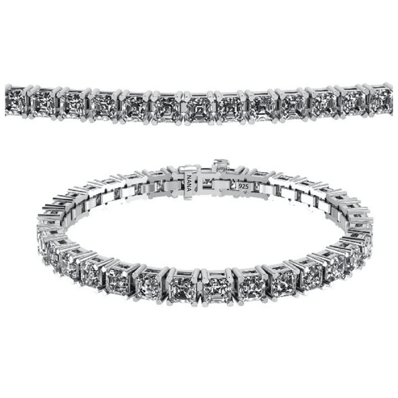 Nana Silver Asscher Pure Brilliance CZ Bracelet-7"-6.0mm-34.75cttw Equivalent Diamond Weight-Platinum Plated