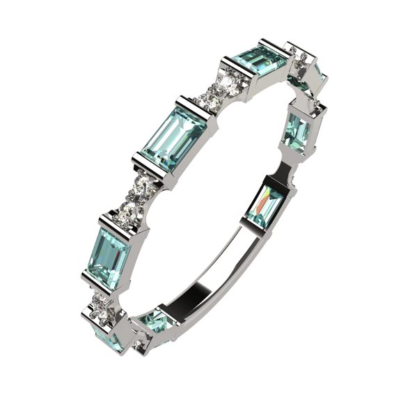 Nana Silver Stackable Ring Baguette Cut Platinum Plated - Size 6 - Simulated Blue Zircon - Dec. Birthstone