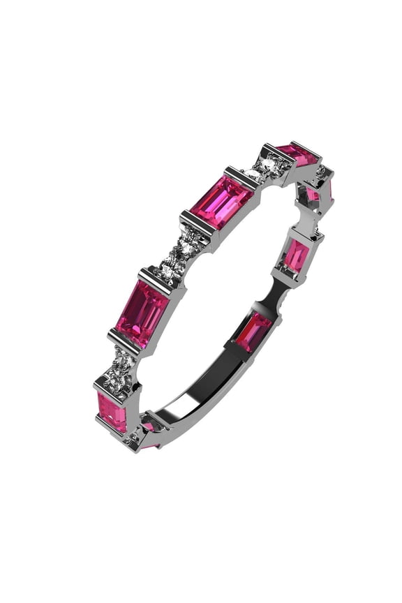 Silver Stackable Ring Baguette Cut Platinum Plated - Size 8 - Simulated Ruby - July Birthstone