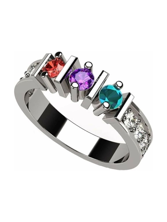 Nana Straight Bar W/Side CZ Adult Female Mothers Day Ring 1-6 Stone,Sterling Silver-Size 7.5-Stone4