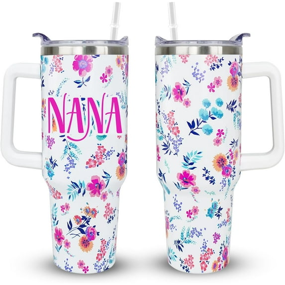 Nana Tumbler 40oz - Grandmother Mothers Day Gift from Grandkids - Stainless Steel Insulated Cup with Handle - Best Nana Ever