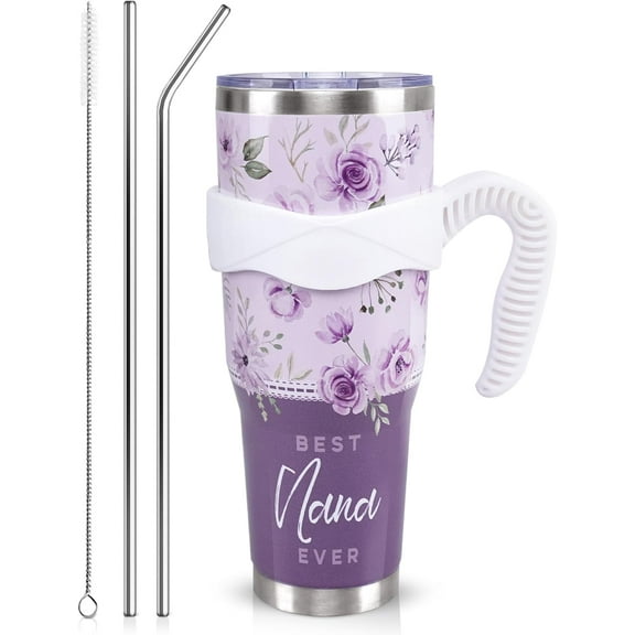 Nana Tumbler 40oz, Nana Cup Coffee Mug Tumbler with Handle and Straw, Nana Gifts from Grandkids, Nana Gifts for Nana Birthday Mothers Day Christmas Anniversary, Best Nana Ever,Purple Floral