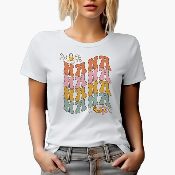 Nana with Cute Flowers & Butterfly, Grandma or Grandmother Themed, Groovy Retro Wavy Text Merch Gift, White T-Shirt, Small