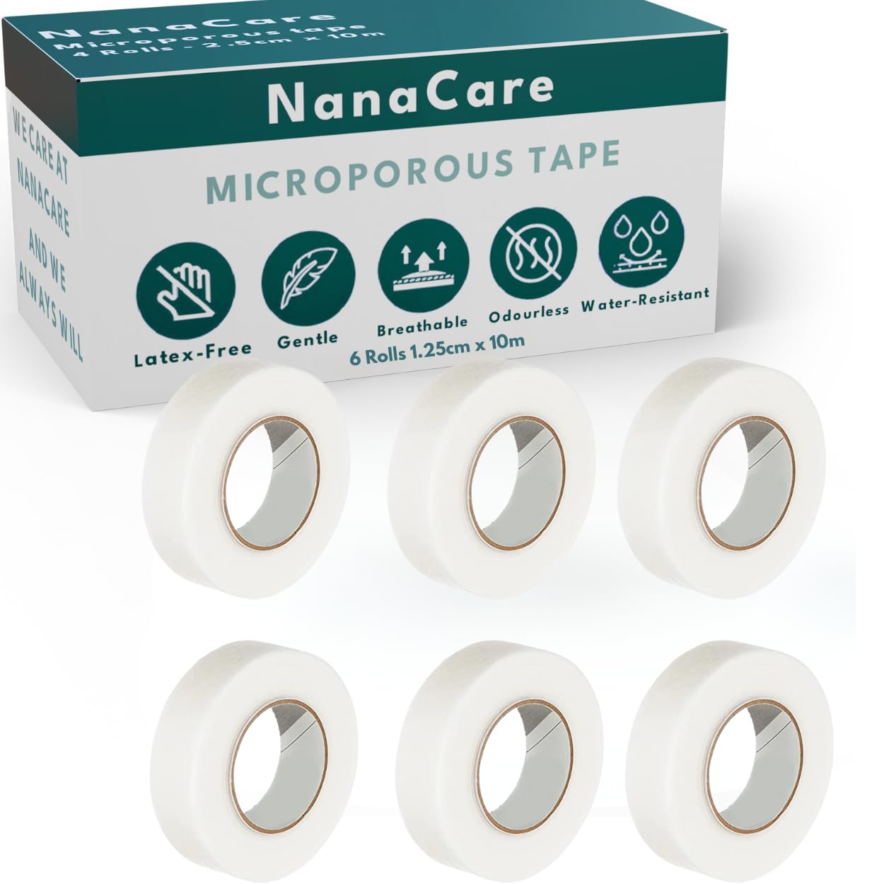 Nanacare Paper Surgical Tape 1/2 inch x 11yd (6 Rolls) +10pc Gauze Pads