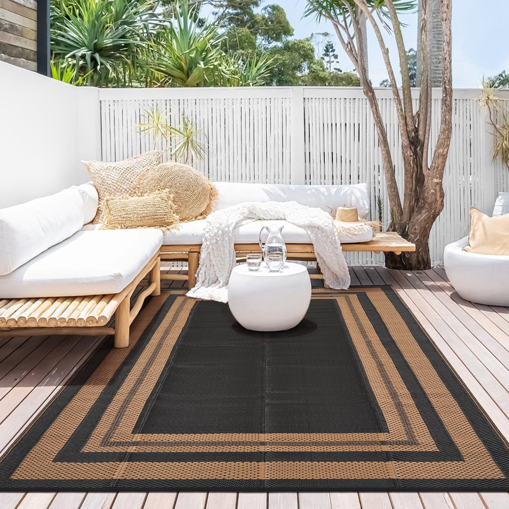 Nanan 10×14 Outdoor Plastic Rug,Portable Plastic Outdoor Rug, Waterproof & UV Resistant, Non-Slip, Easy to Clean for Camping, Patio, Garden, Beach, Picnic, Black Brown