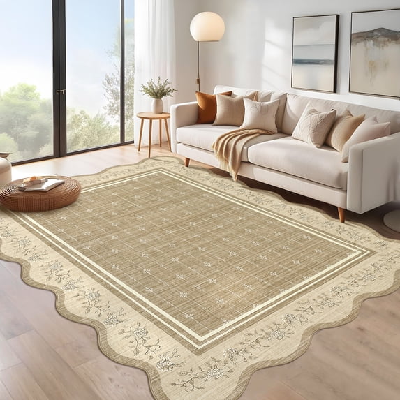 Nanan 10'x13' Area Rug Scalloped Floral Rugs for Living Room Bedroom Soft Washable Non Slip Low Pile Indoor Carpet, Brown