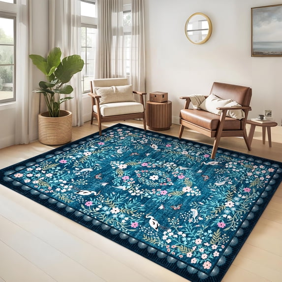 Nanan 10'x13' Floral Area Rug Distressed Oriental Vintage Carpet, Washable Rug Non Slip Low Pile Indoor Rug for Living Room Farmhouse Home Decor, Blue Green