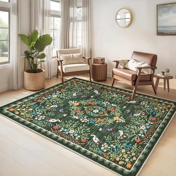 Nanan 10'x13' Floral Area Rug Distressed Oriental Vintage Carpet, Washable Rug Non Slip Low Pile Indoor Rug for Living Room Farmhouse Home Decor, Green