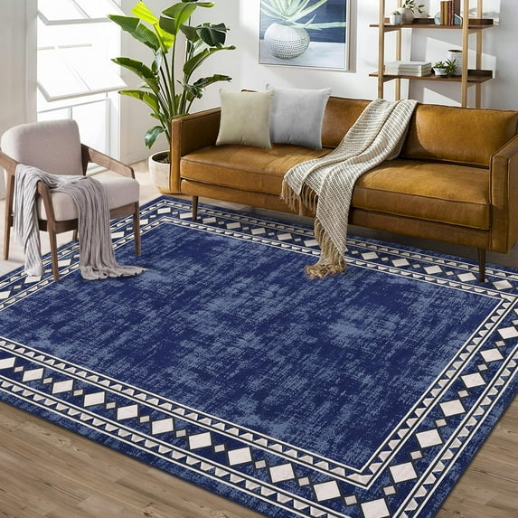 Nanan 10'x13' Modern Bordered Area Rug Geometric Carpet, Machine Washable Rug Non Slip Solid Indoor Rug for Living Room Bedroom Home Office, Blue