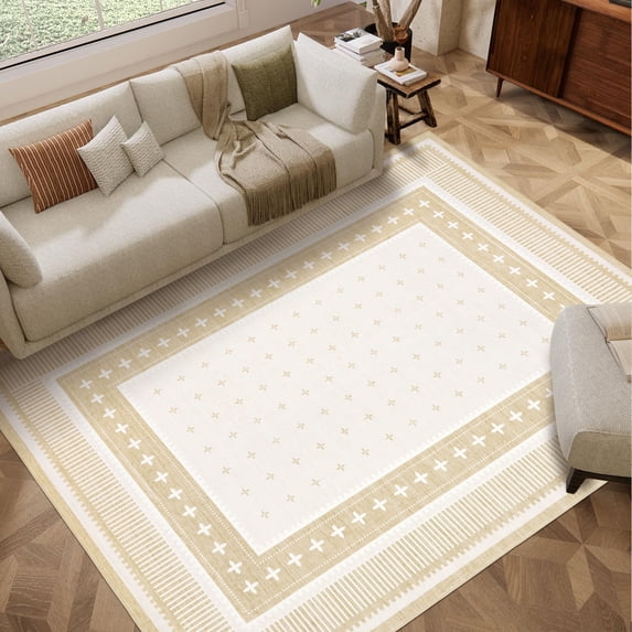 Nanan 10'x13' Modern Bordered Area Rug Geometric Carpet, Washable Stain-Resistant Non-Slip Rug for Living Room Bedroom Home Office, Beige