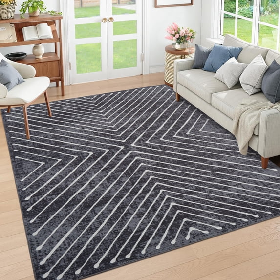 Nanan 10'x13' Modern Geometric Striped Area Rug Soft Washable Rug, Non Slip Low Pile Indoor Carpet for Living Room Bedroom Home Decor, Dark Gray