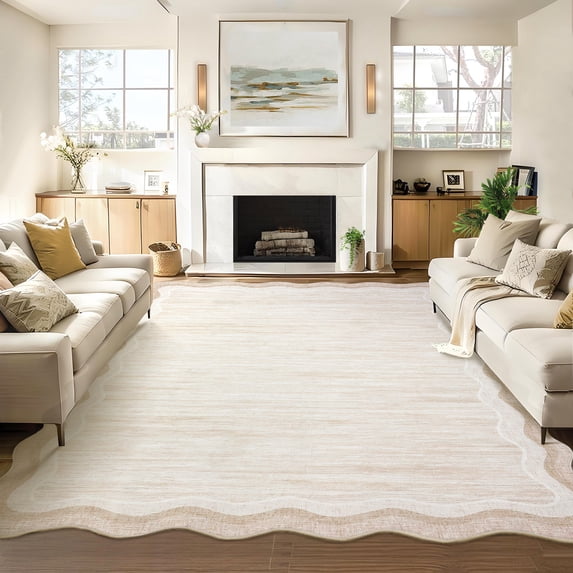 Nanan 10'x13' Scalloped Area Rug Modern Abstract Rug, Washable Rug Non Slip Solid Indoor Carpet for Living Room Bedroom Playroom, White