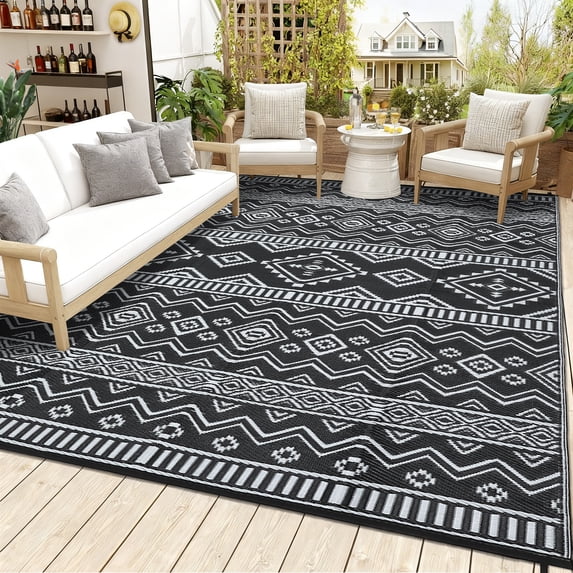 Nanan 10'x20' Outdoor Rug Waterproof Reversible Outdoor Patio Rug Foldable Portable Plastic Straw Mats for Camping Balcony Picnic Deck, Black White