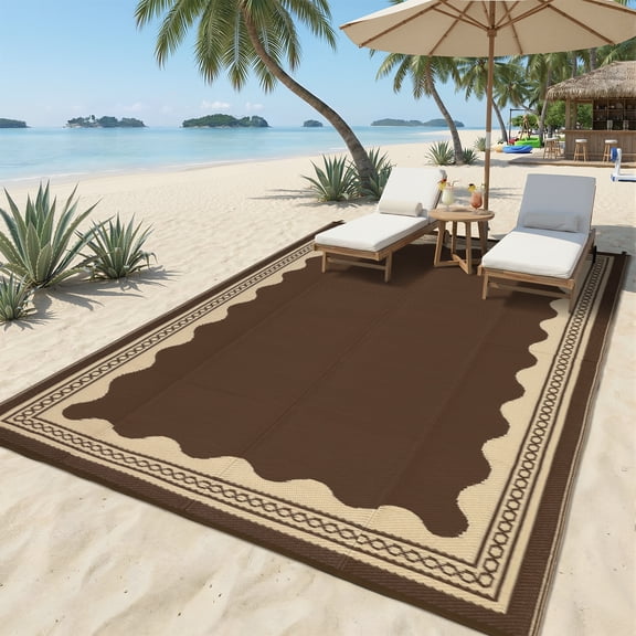 Nanan 10x14 Outdoor Patio Rug, Plastic PP Tube Waterproof Mat, Modern Patio Carpet for RV, Camping, Balcony, Poolside & Garden, Peony Brown