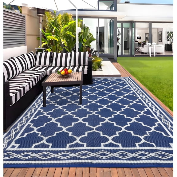 Nanan 10x14 Outdoor Rug,Lightweight Reversible Outdoor Rug, Trellis Pattern with Decorative Diamond Border, Weather Resistant Easy Clean for Yard, Garden, Balcony, Poolside, Picnic, Dark Blue White
