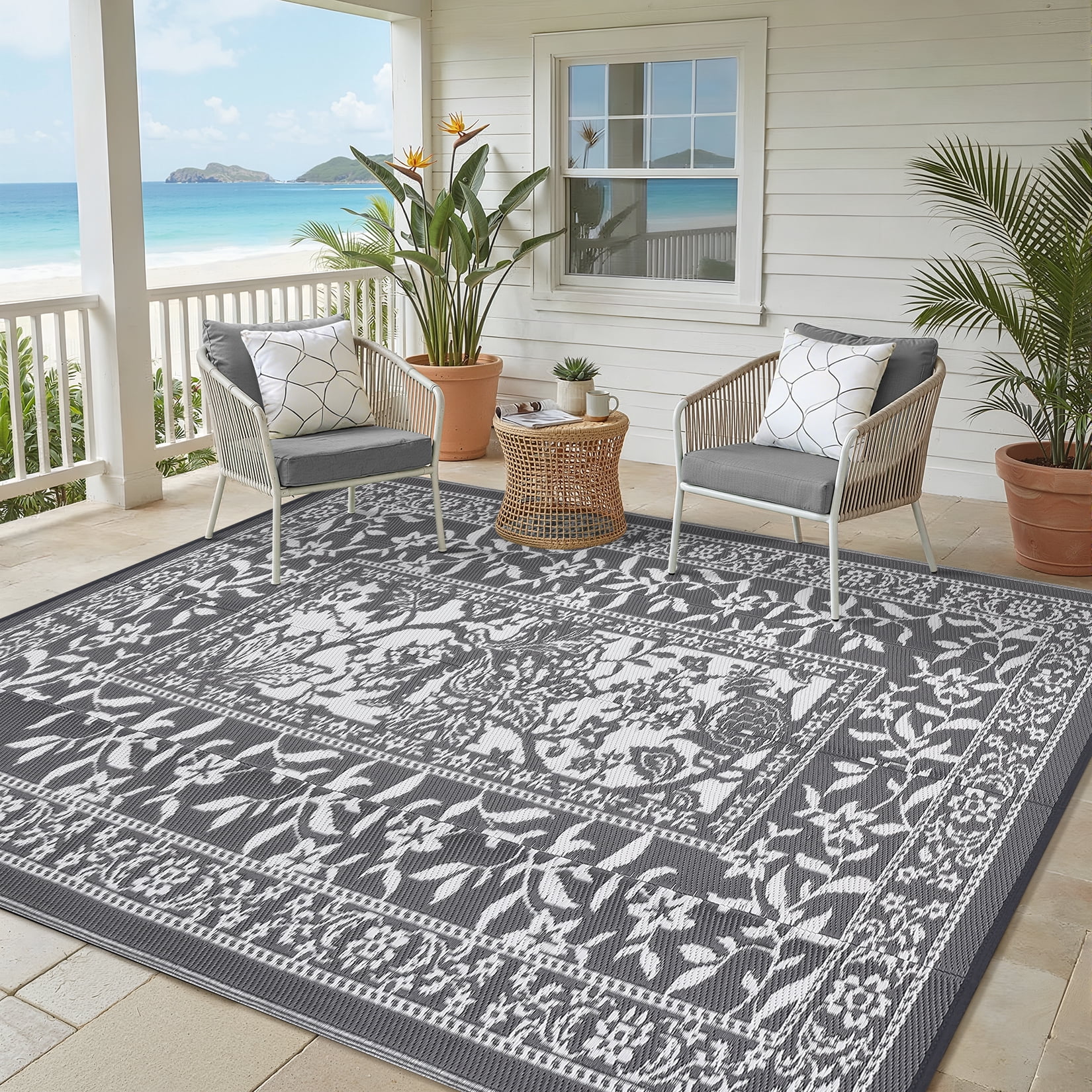 Grey Patterned Outdoor Rug Nanan 10x14 Outdoor Rug, Waterproof Plastic Straw Rug, Botanical ...