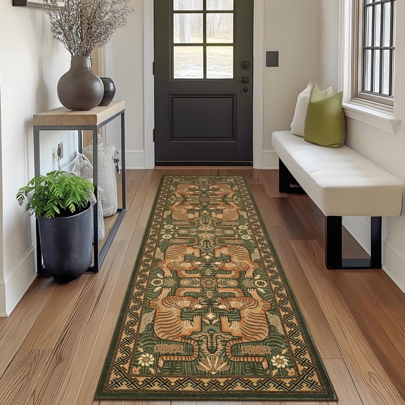 Nanan 2.5'x8' Washable Tiger Runner Rug, Non-Slip Geometric Border Rug for Hallway Kitchen Entryway, Green