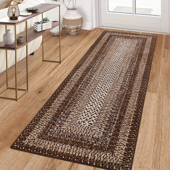 Nanan 2'x10' Braided Print Runner Rug Non Slip Farmhouse Carpet, Washable Rug Non Shedding Stain Resistant Indoor Mats for Living Room Bedroom Nursery Office, Brown