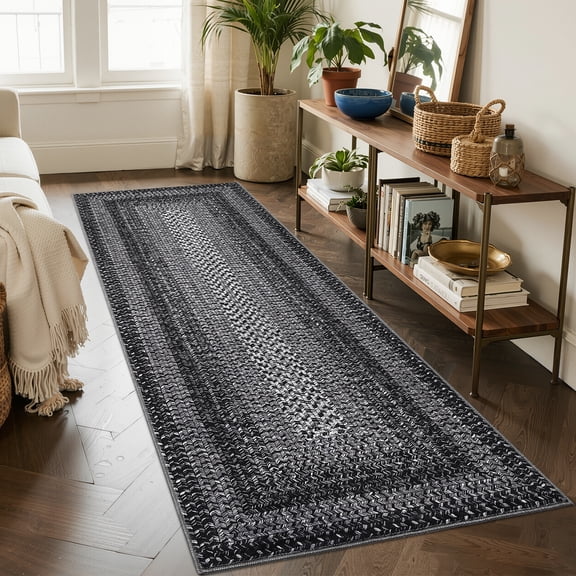 Nanan 2'x6' Braided Print Runner Rug Modern Bordered Carpet, Machine Washable Rug Soft Non-Slip Throw Mat for Hallway Bedroom Kitchen, Black