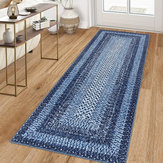 Nanan 2'x6' Braided Print Runner Rug Non Slip Farmhouse Carpet, Washable Rug Non Shedding Stain Resistant Indoor Mats for Living Room Bedroom Nursery Office, Navy Blue