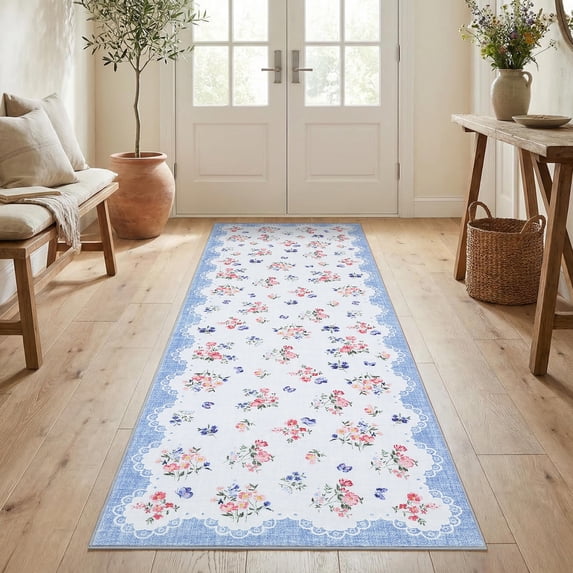 Nanan 2'x6' Floral Runner Rug Kitchen Hallway Non Slip Bedroom Runner Rug Soft Low Pile Foldable Mat for Laundry Room, Blue