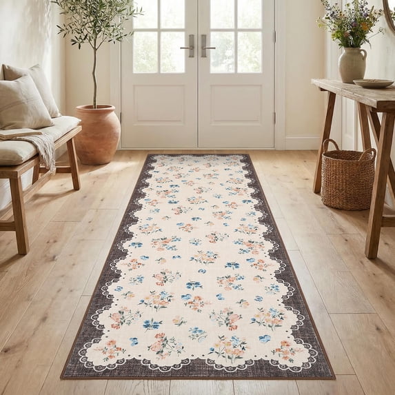 Nanan 2'x6' Floral Runner Rug Kitchen Hallway Non Slip Bedroom Runner Rug Soft Low Pile Foldable Mat for Laundry Room, Brown