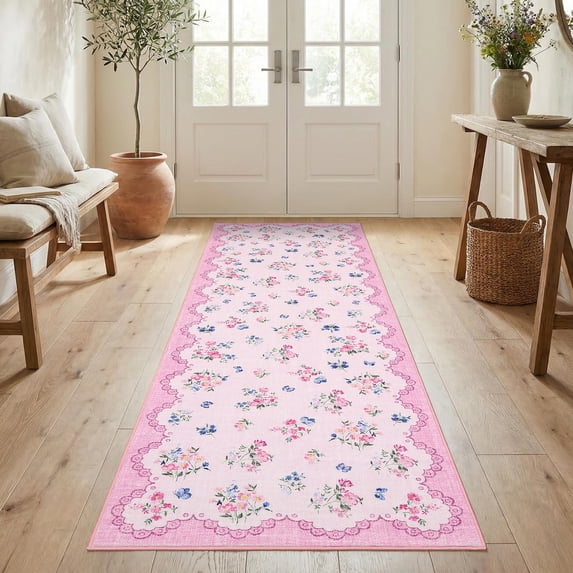 Nanan 2'x6' Floral Runner Rug Kitchen Hallway Non Slip Bedroom Runner Rug Soft Low Pile Foldable Mat for Laundry Room, Pink