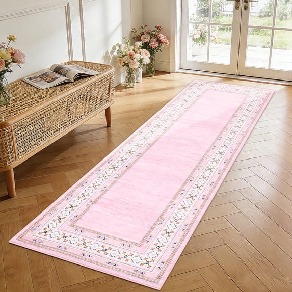 Nanan 2'x6' Geometric Bordered Runner Rug Modern Throw Carpet, Washable Rug Soft Non Slip Indoor Floor Mat for Living Room Bedroom Home Decor, Pink