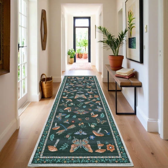 Nanan 2'x6' Insect Print Runner Rug Mushroom Washable Rugs, Non Slip Stain Resistant Floral Rug for Hallway Bedroom Kitchen, Black