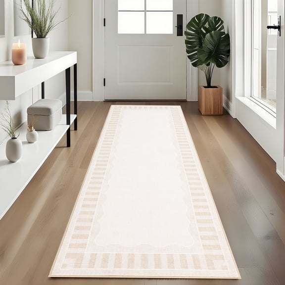 Nanan 2'x6' Machine Washable Runner Rug Classic Solid Striped Wavy Border Non-Slip Indoor Floor Carpet for Hallway Kitchen Entryway, Beige