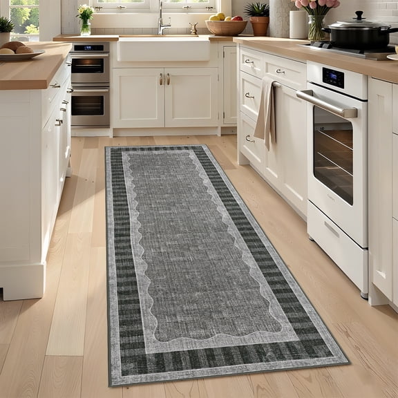 Nanan 2'x6' Machine Washable Runner Rug Classic Solid Striped Wavy Border Non-Slip Indoor Floor Carpet for Hallway Kitchen Entryway, Black Grey