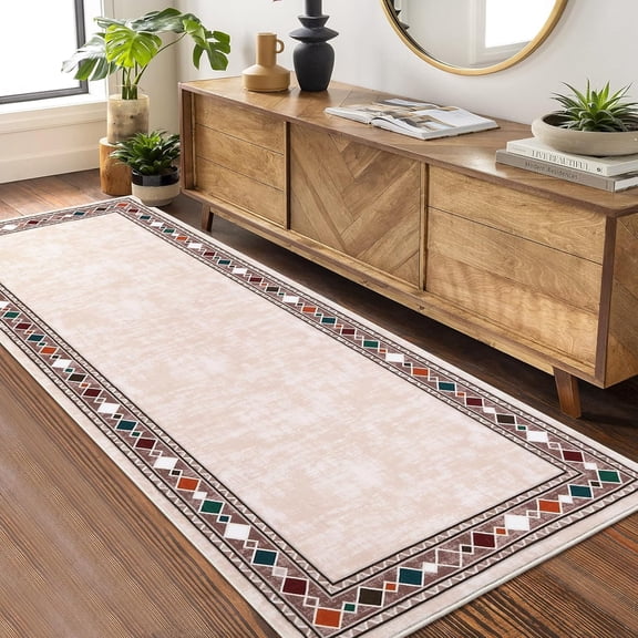 Nanan 2'x6' Modern Bordered Runner Rug Geometric Carpet, Machine Washable Rug Non Slip Solid Indoor Rug for Hallway Bedroom Kitchen, Beige