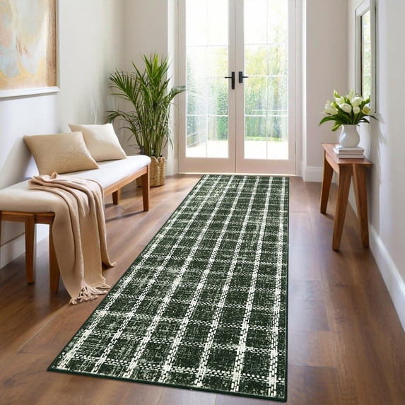 Nanan 2'x6' Modern Geometric Checkered Runner Rug Washable Plaid Rug, Non-Slip Low Pile Carpet for Hallway Bedroom Kitchen, Green
