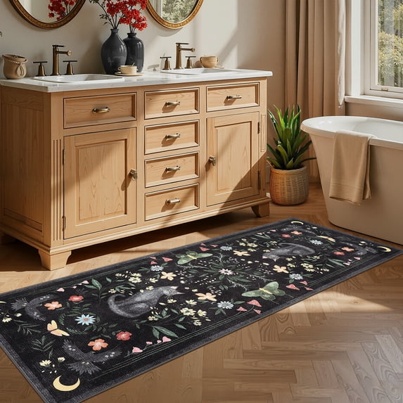 Nanan 2'x6' Runner Rug Hallway Kitchen Machine Washable Runners Non Slip Bedroom Cat Print Mats for Laundry Room, Black