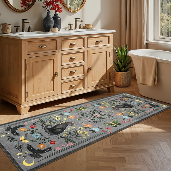 Nanan 2'x6' Runner Rug Hallway Kitchen Machine Washable Runners Non Slip Bedroom Cat Print Mats for Laundry Room, Gray