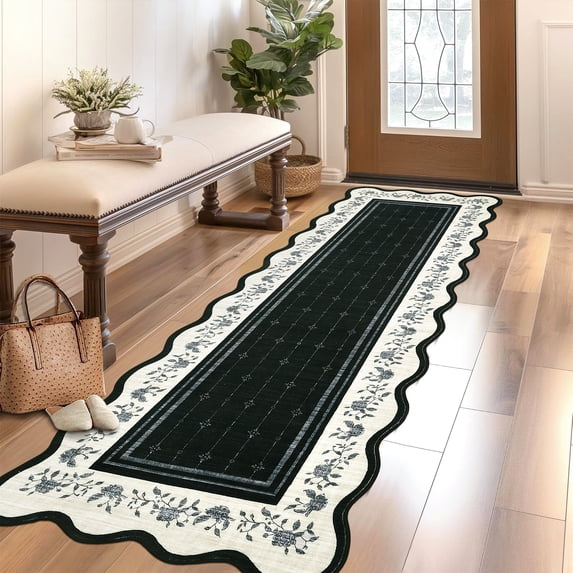 Nanan 2'x6' Runner Rug Scalloped Floral Runners Soft Non Slip Bedroom Indoor Rug for Laundry Room Kitchen Hallway, Black