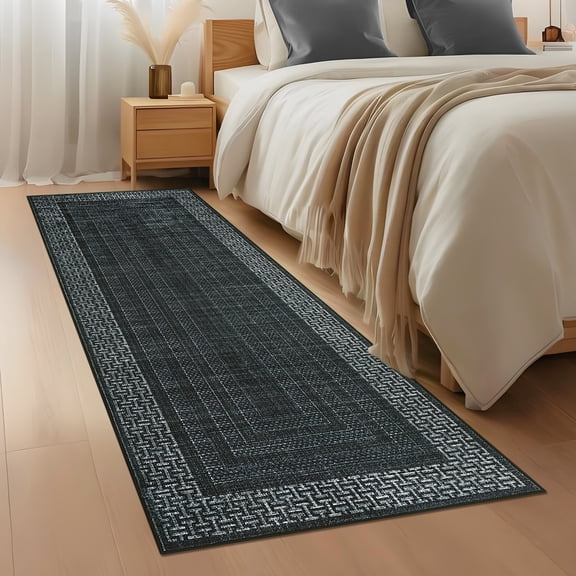 Nanan 2'x6' Runner Rug Washable Bordered Braided Print Runners Soft Non Slip Bedsides Rug for Laundry Room Bedroom Kitchen Hallway, Black
